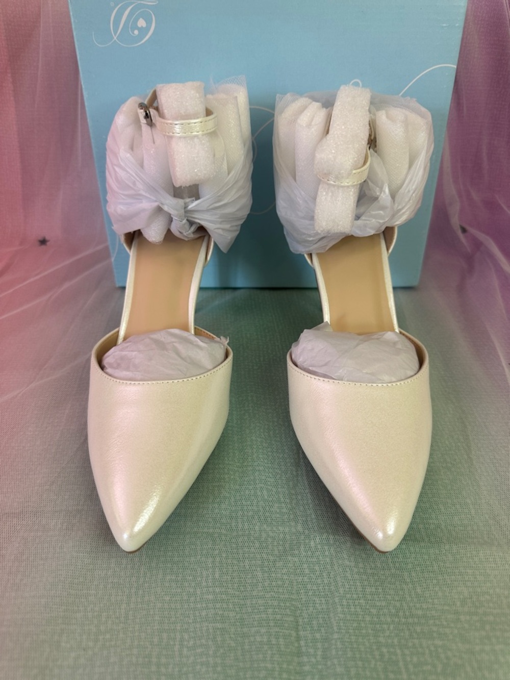 White Pearl Pointed-Toe Ankle-Strap Heels with  Bow Ankle Straps- Womens